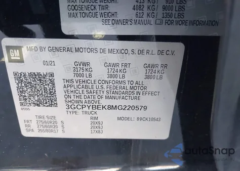 2021 Chevrolet Silverado 1500 4Wd Short Bed Custom z USA, uszkodzony, nr VIN 3GCPYBEK8MG220579